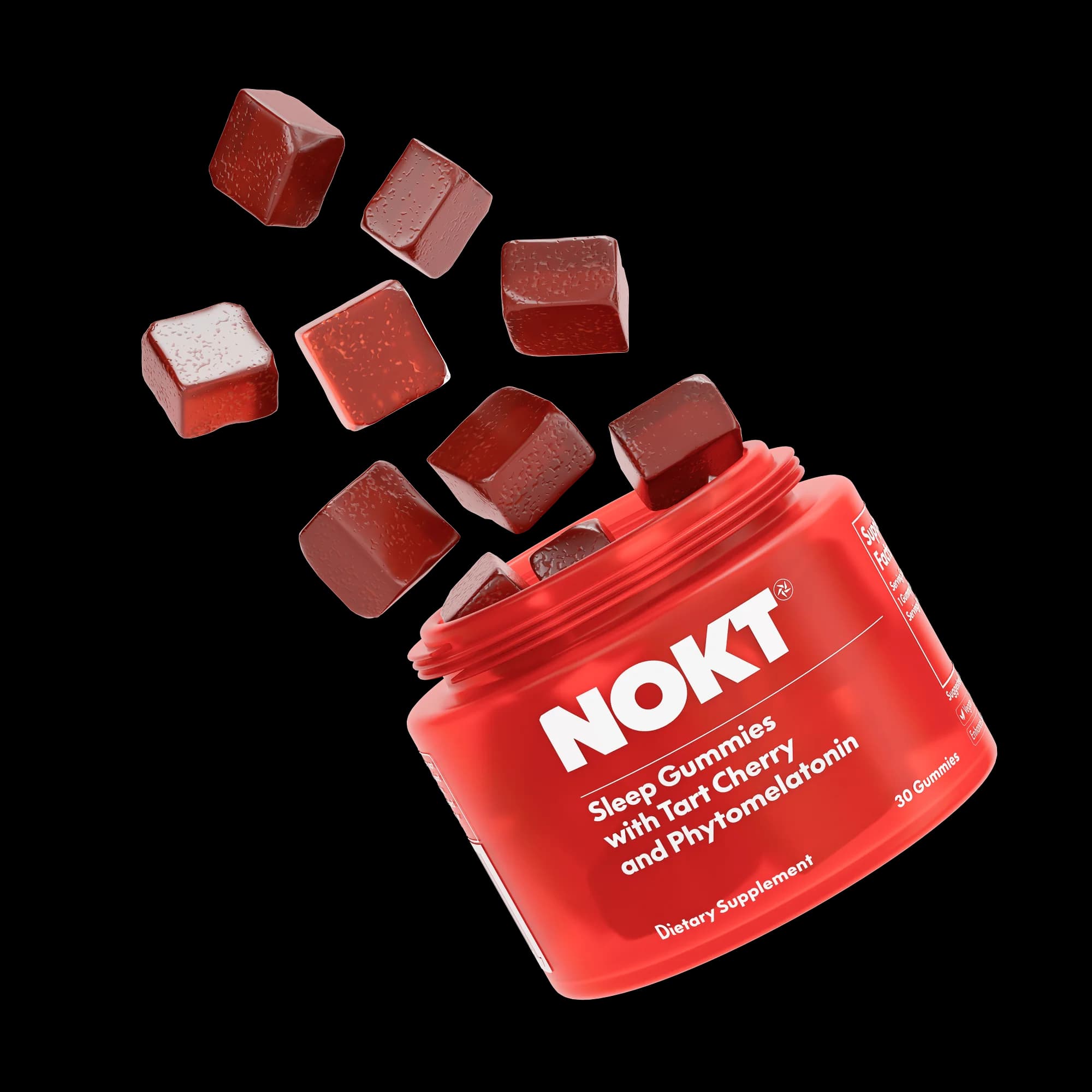 A red NOKT jar of sleep gummies tumbling through the air with gummies spilling out