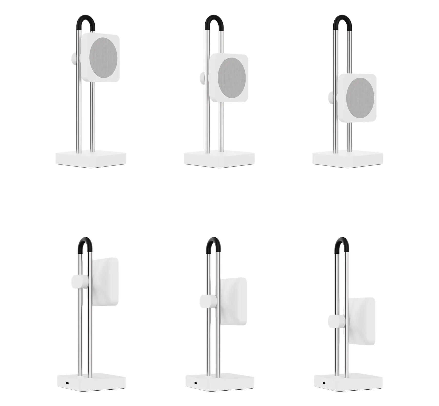 Six views of the stand with the sensor head at different heights and angles