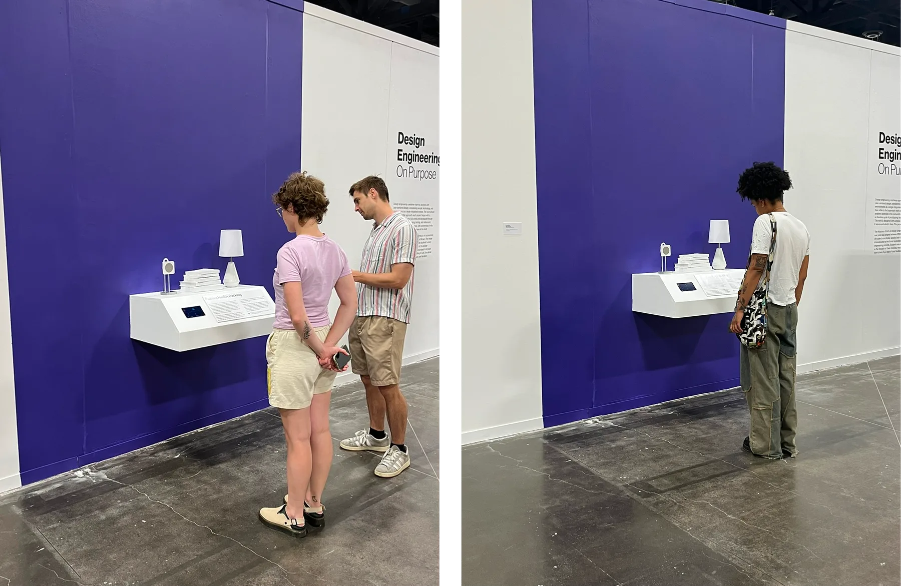 Visitors looking at the Concord installation on a purple wall at the RISD Grad Show