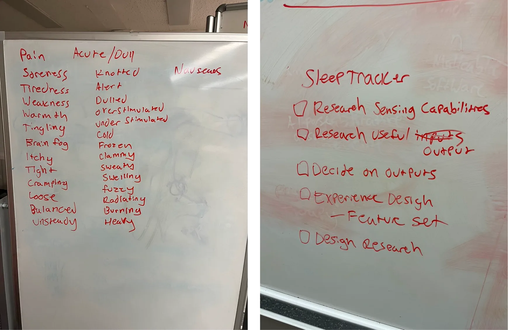 Whiteboards listing health problems and an early sleep-tracker task list