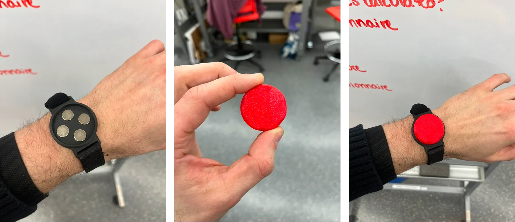 Wearable prototypes being tried on a wrist