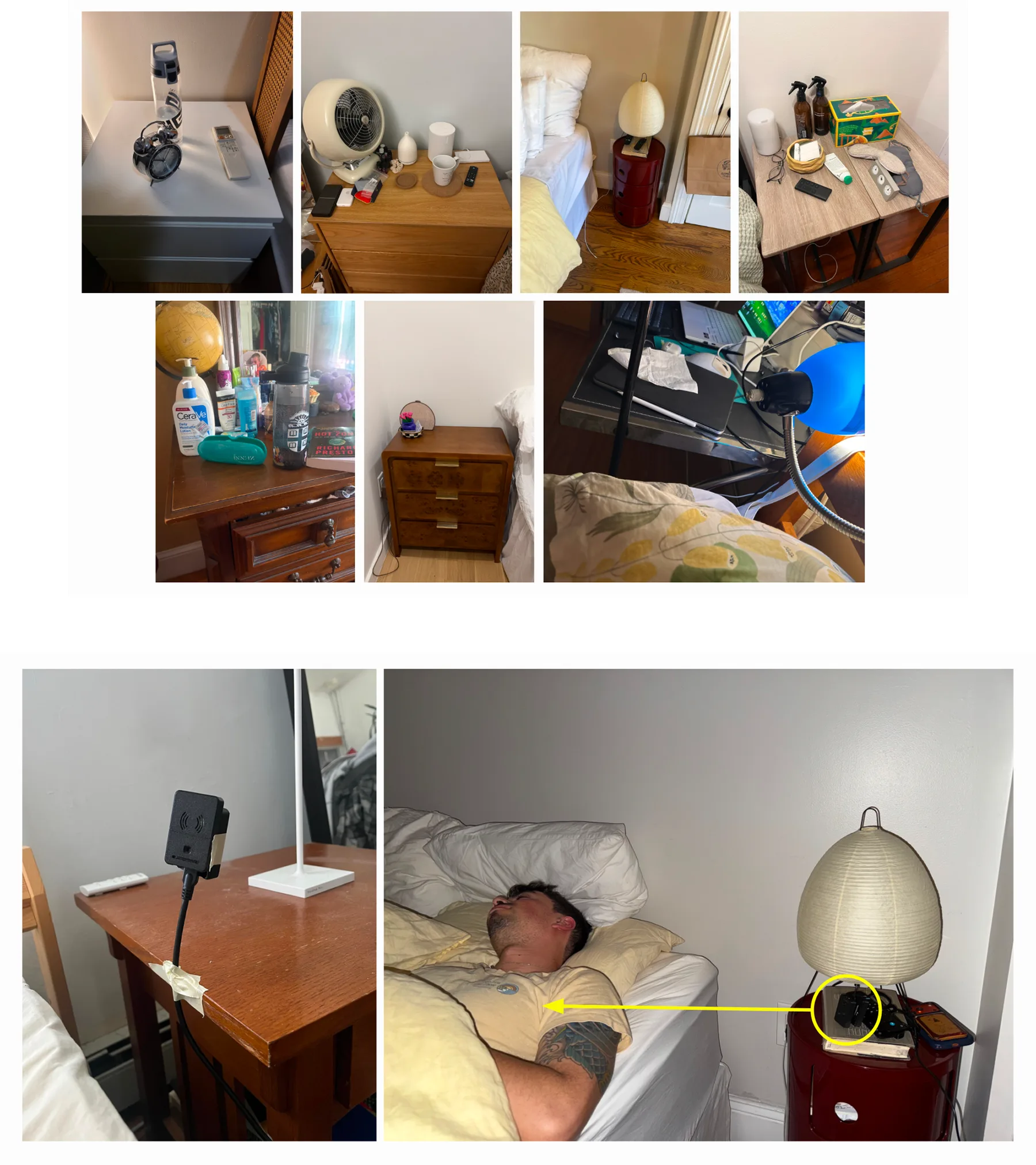 Photos of bedside tables in participants' homes, and an early prototype placed beside a sleeper