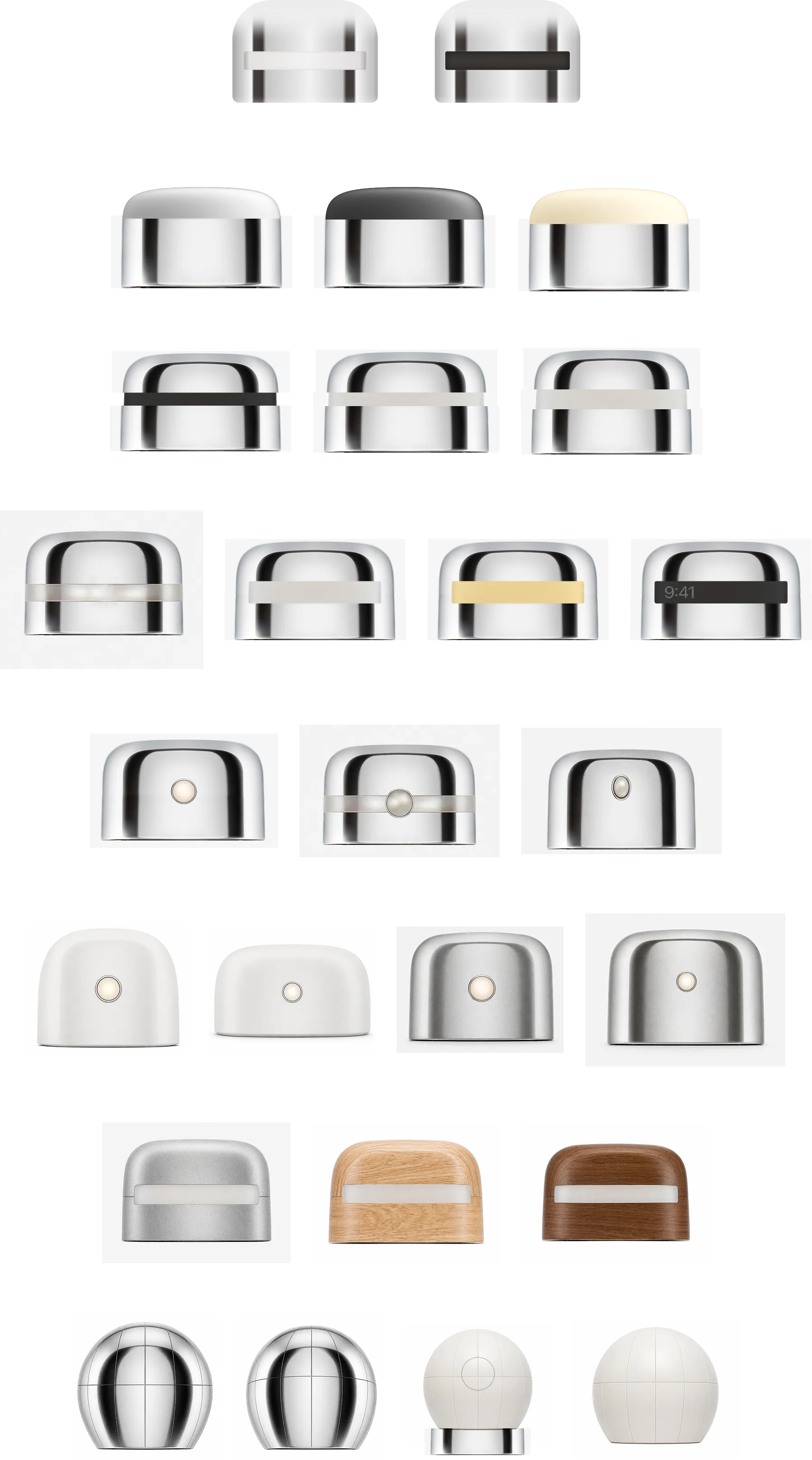 Grid of cylindrical enclosure renders in different finishes