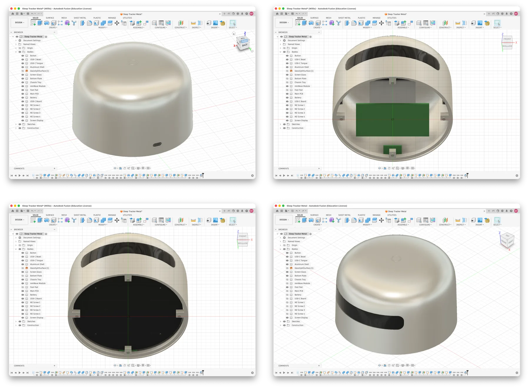 CAD views of the cylindrical enclosure and the electronics inside it