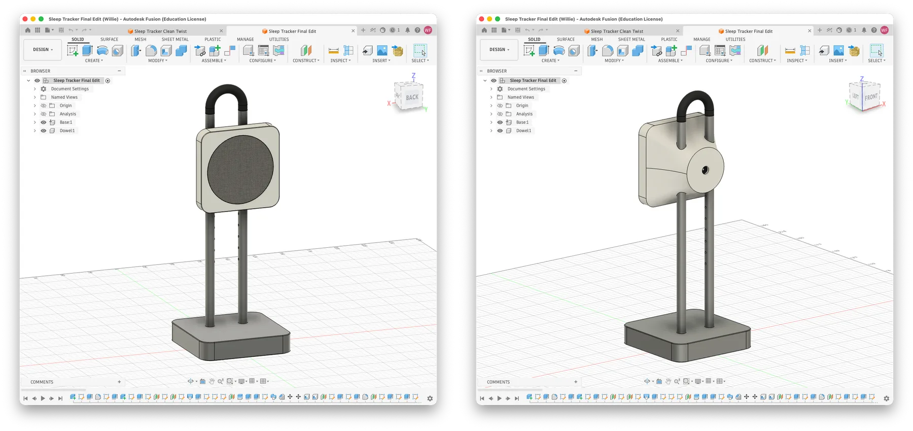 Two CAD views of the stand, from the front and the side