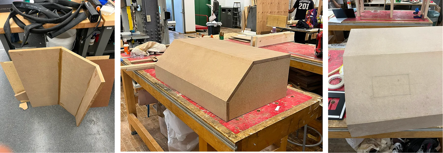 Building the exhibition plinth, from a cardboard mockup to a wooden form