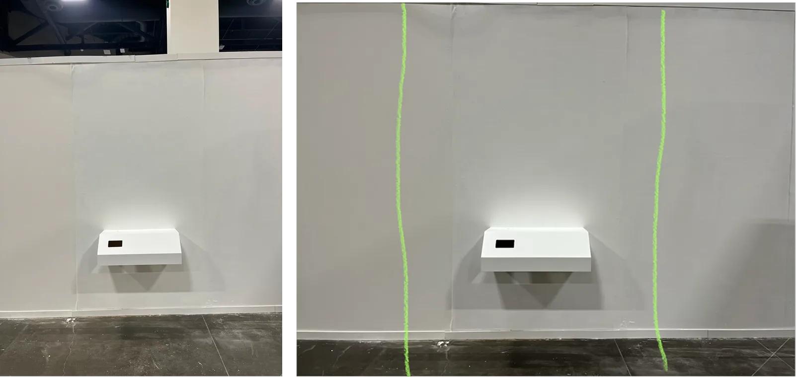 The plinth mounted on the gallery wall, aligned with laser lines