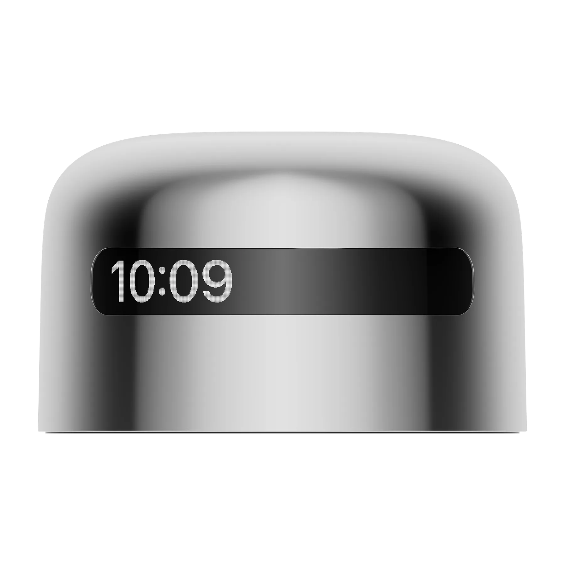 Fixed-height alarm-clock concept: a rounded aluminum enclosure with a 10:09 display