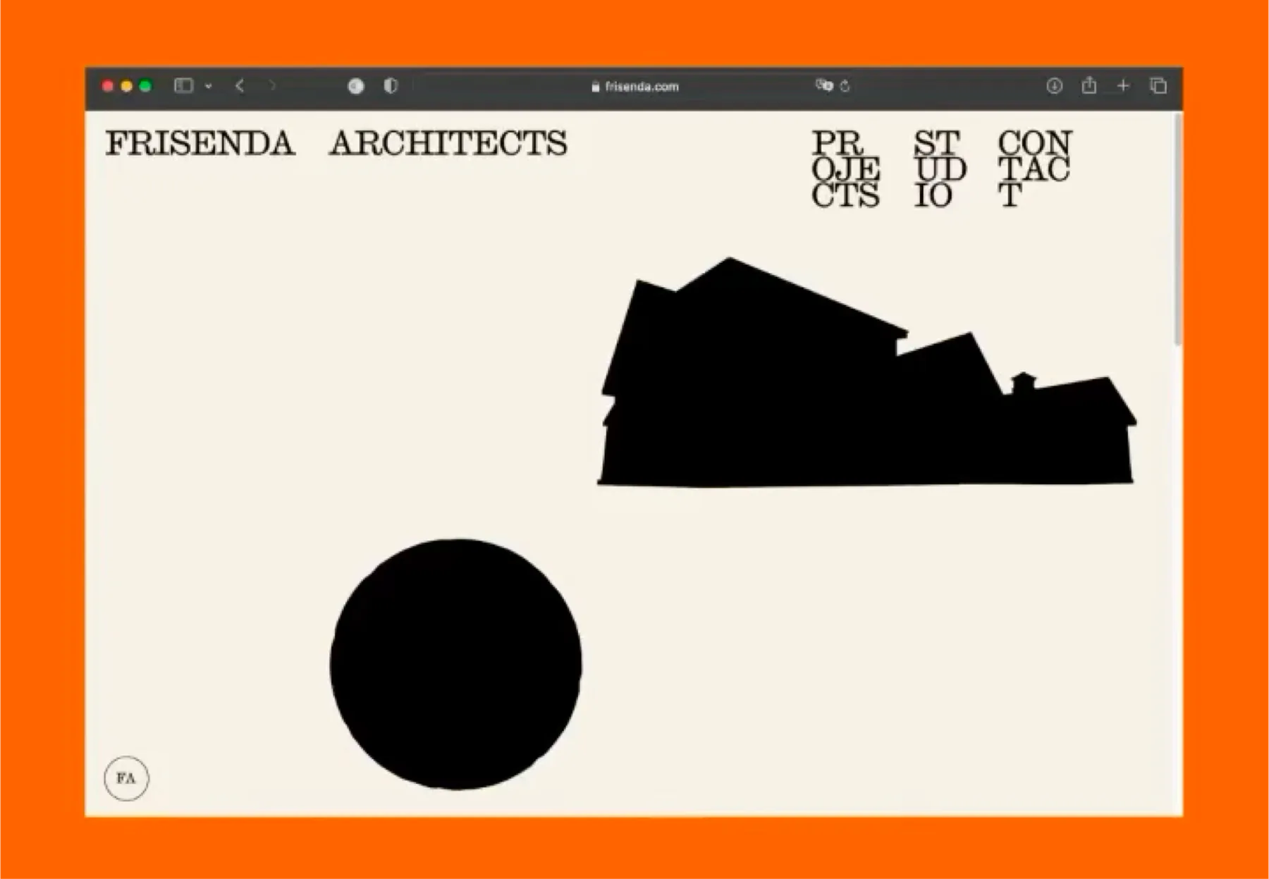 The Frisenda Architects website on desktop: the wordmark, a stacked Projects, Studio, Contact menu and black building silhouettes