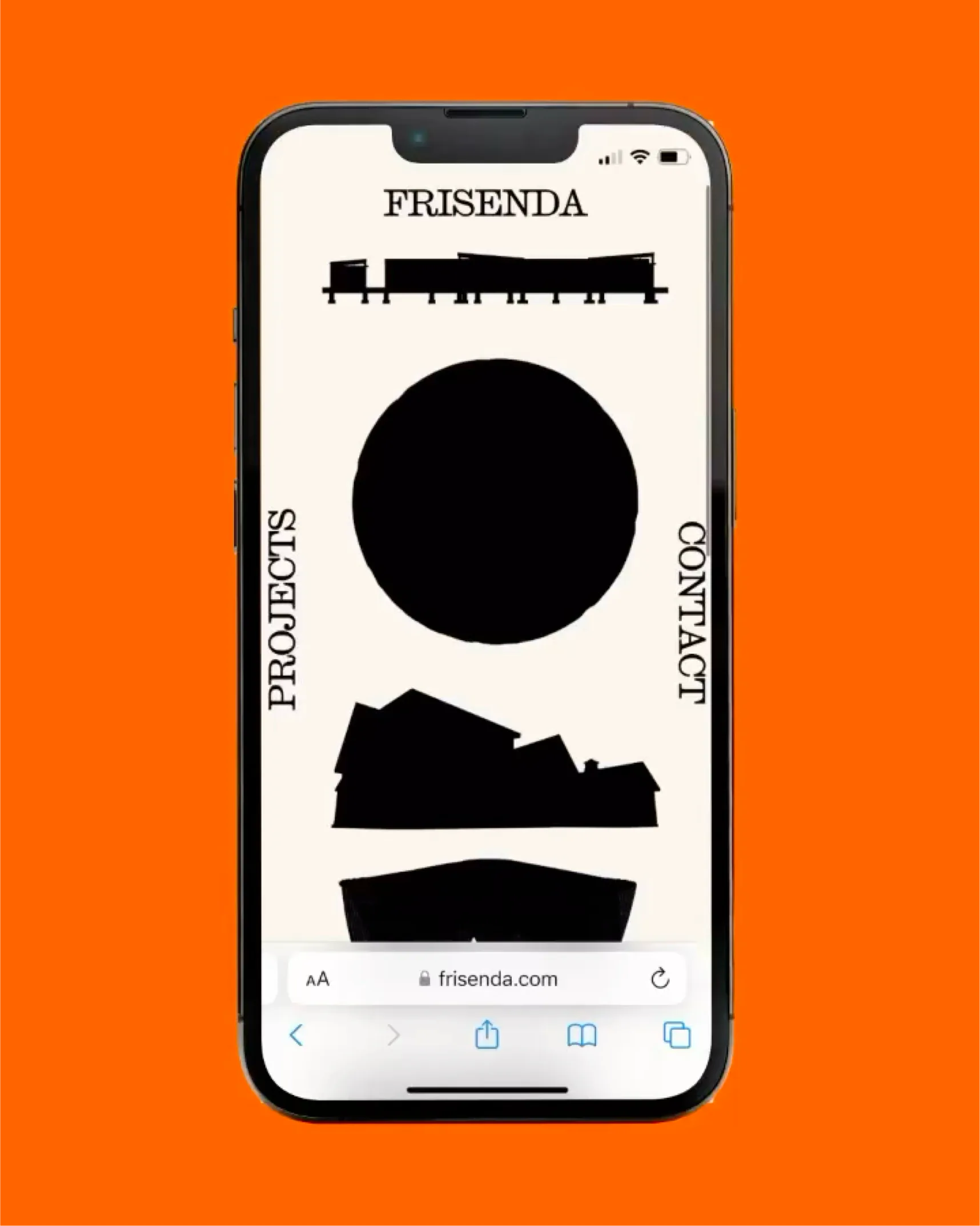 The Frisenda Architects website on a phone, with Projects and Contact running up the sides