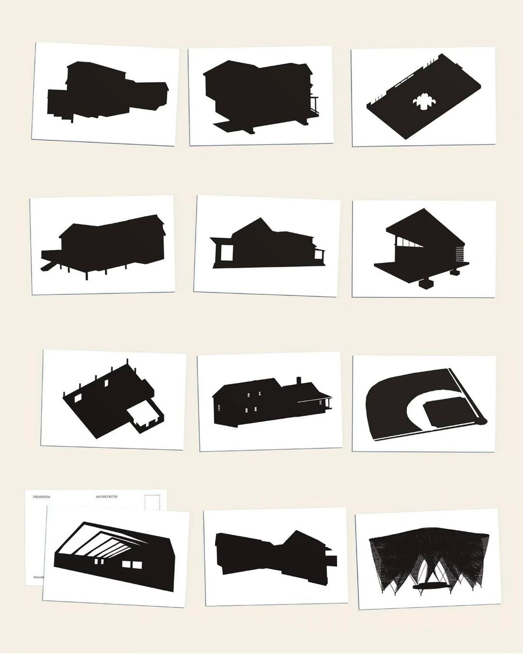 Postcards printed with black silhouettes of Frisenda's buildings