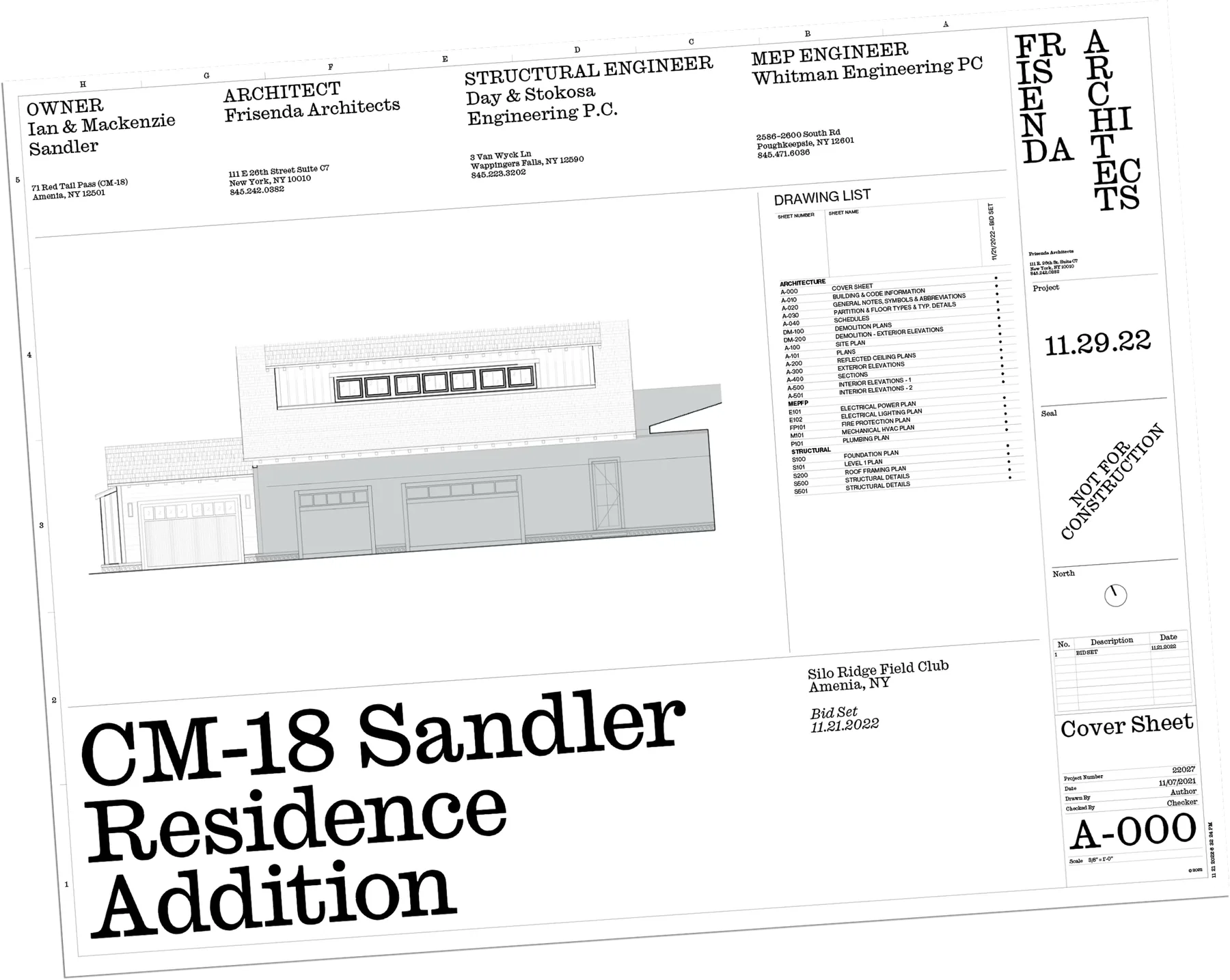 A Frisenda Architects drawing-set cover sheet for the CM-18 Sandler Residence Addition, with the stacked logo in the title block