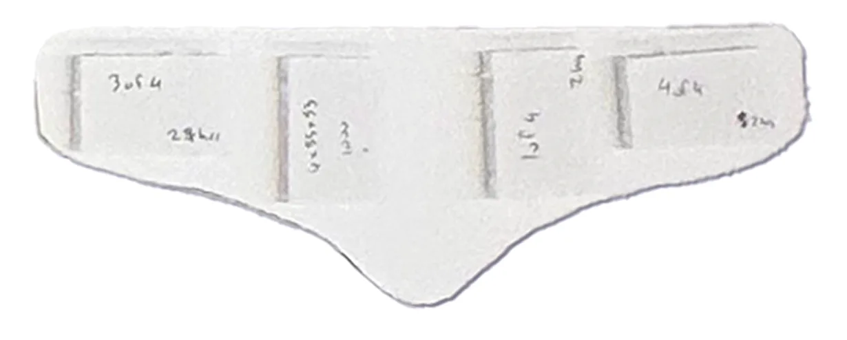 A narrower foam pouch study with pockets marked