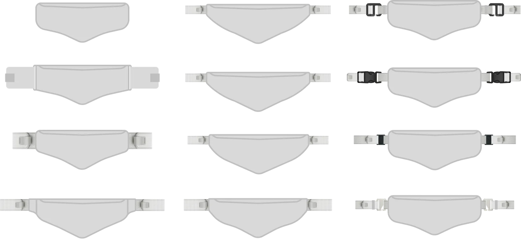 Grid of belt variations with different buckles and strap lengths