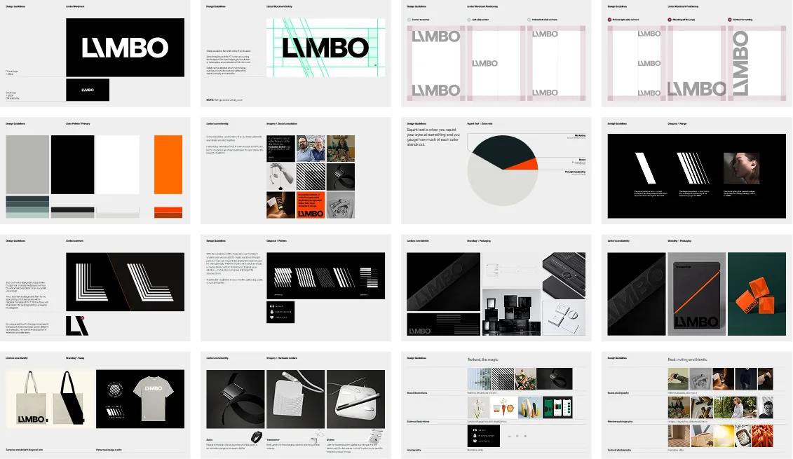 Pages from the Limbo brand guidelines: wordmark safety and positioning, colour palette, squint test, diagonal patterns, iconmark and packaging