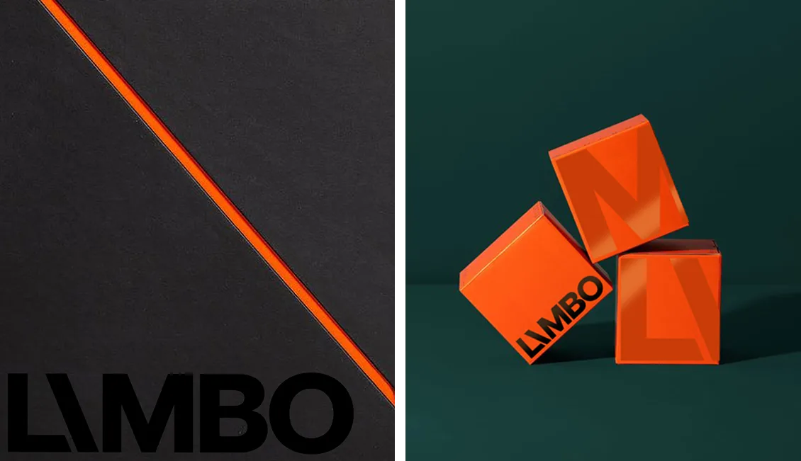 The Limbo wordmark under an orange diagonal on black, and orange Limbo boxes stacked on dark green