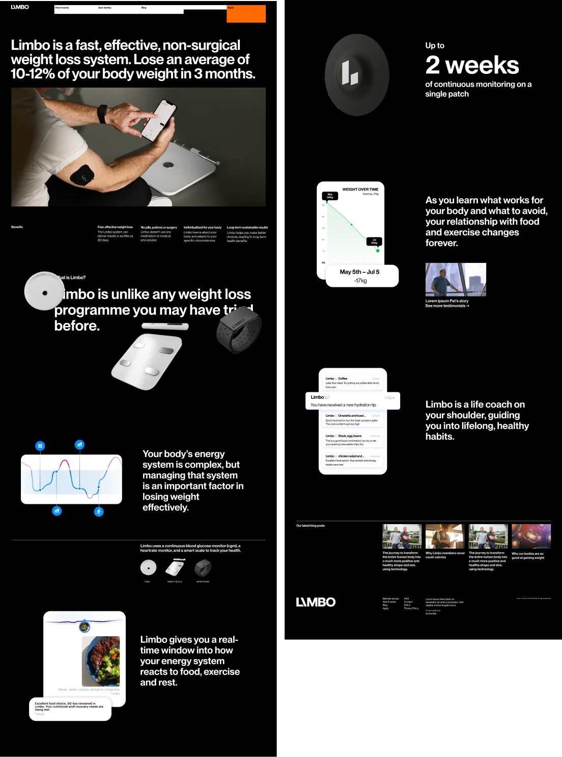 The new Limbo website: a black, photo-led landing page with the sensor, weight-loss results and feed messages