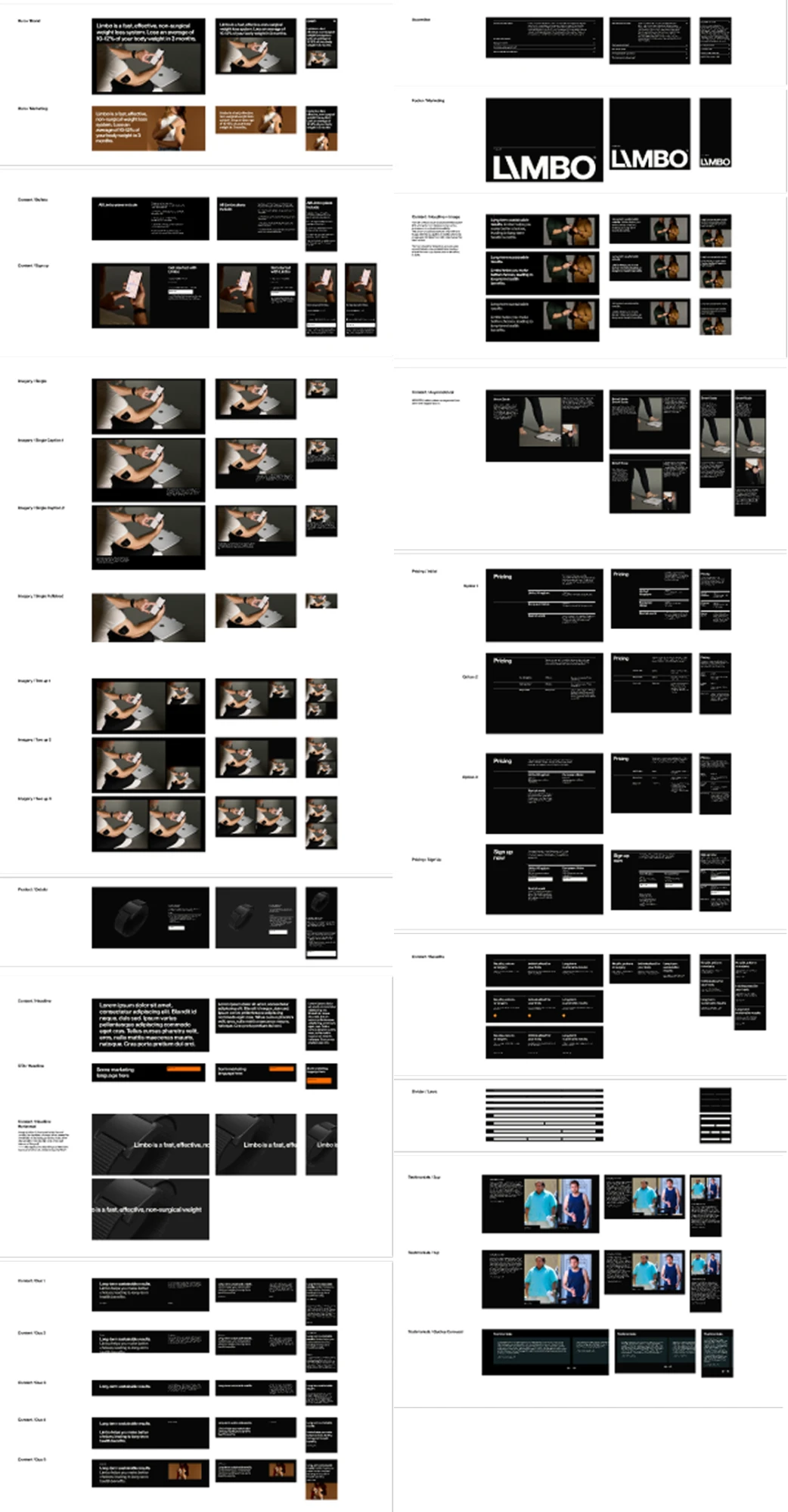 The CMS modules built for the new website, in two columns: hero, marketing, content and imagery modules on the left; footer, testimonial, pricing and sign-up modules on the right, each at desktop, tablet and phone widths