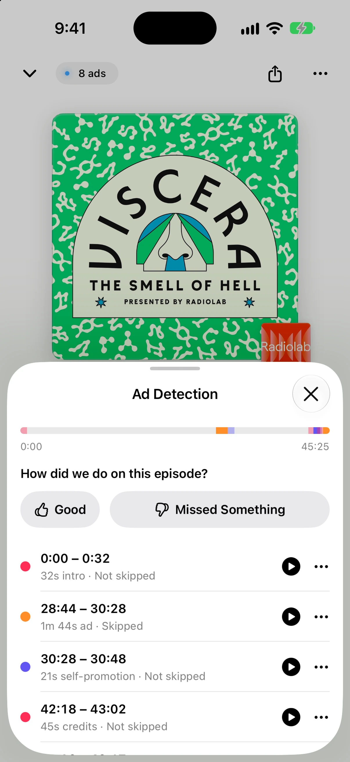 Ad Detection sheet for Radiolab’s The Smell of Hell, listing detected breaks and correction controls
