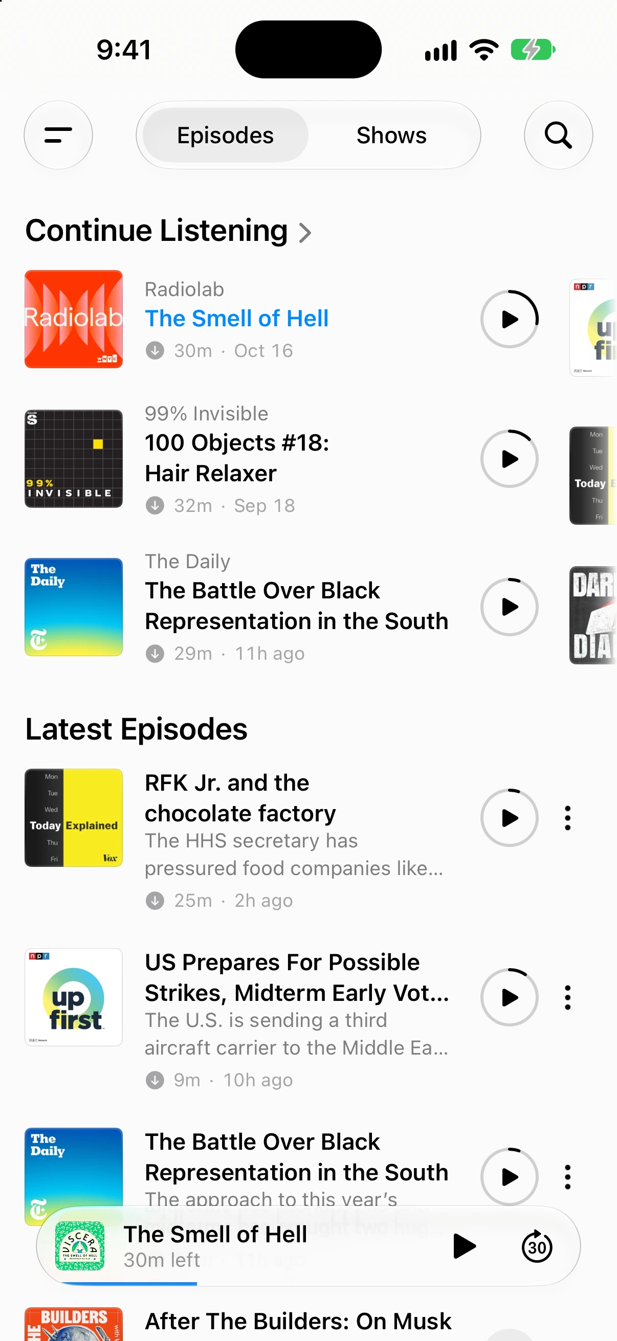 Marble Home showing Continue Listening and the latest podcast episodes