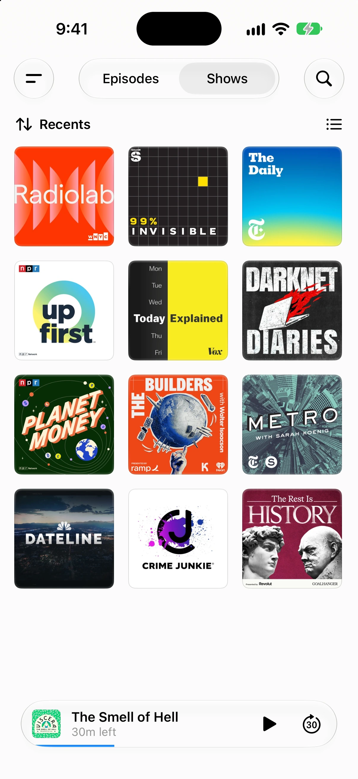 Marble Home showing the user’s podcast subscriptions as a grid of artwork