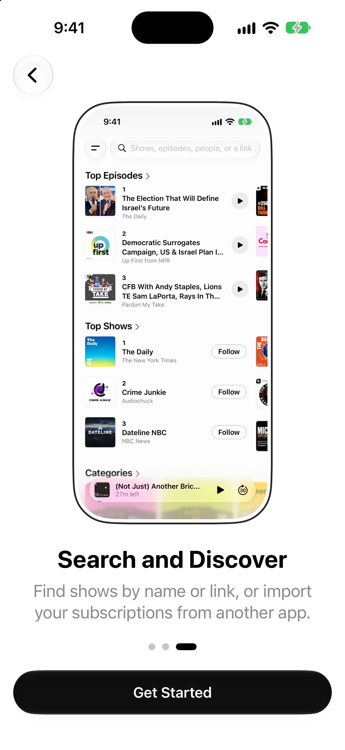 Onboarding introducing podcast search and discovery