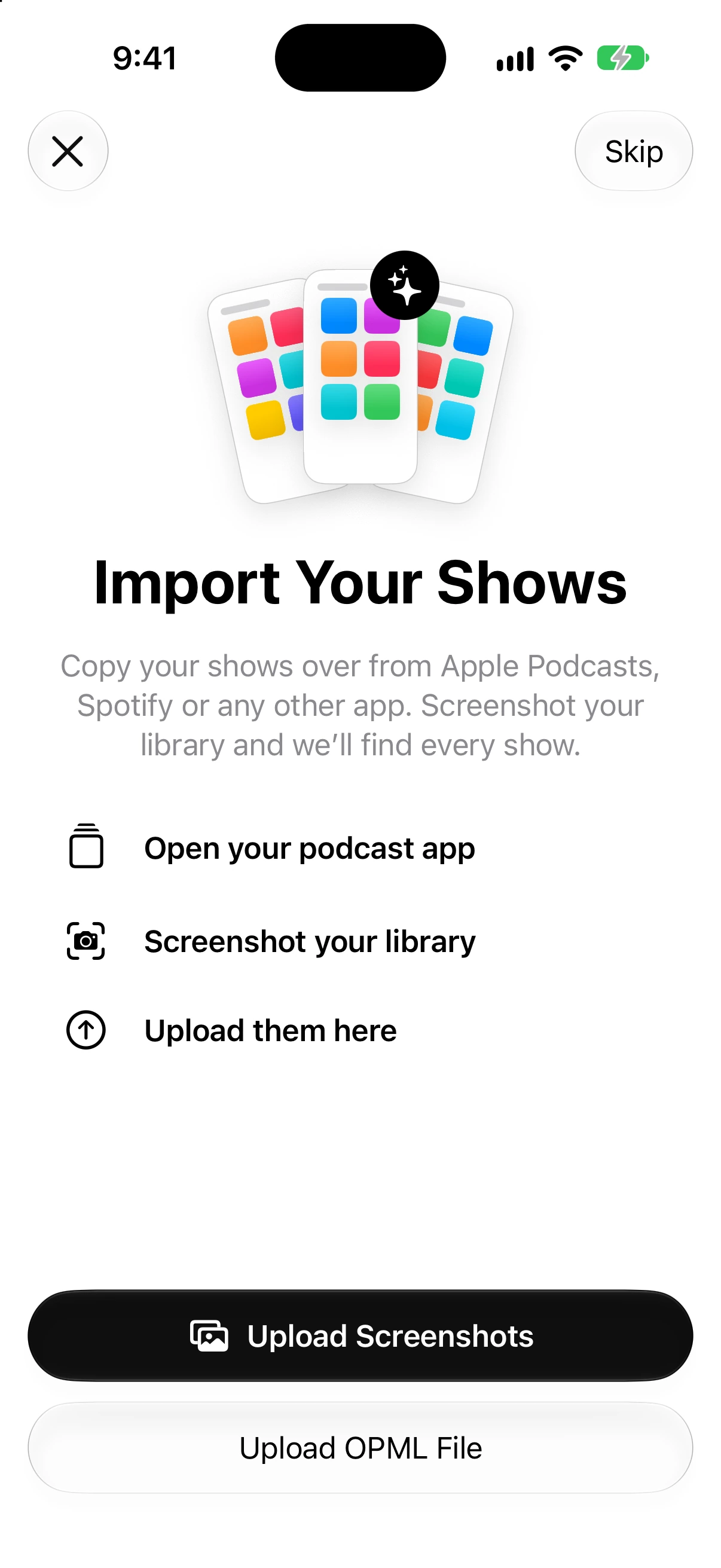 Onboarding offering to import subscriptions from a screenshot or OPML file