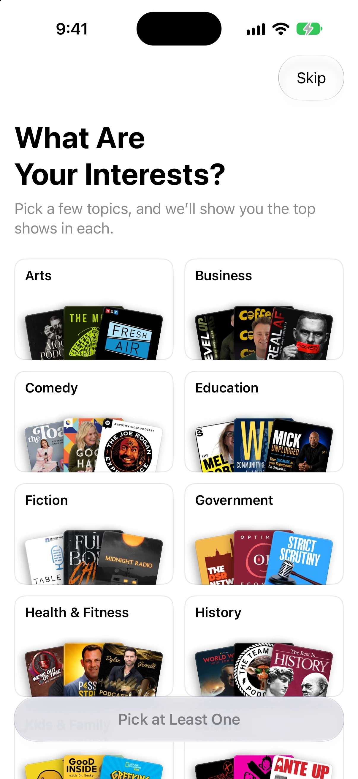 Onboarding asking the user to choose podcast interests
