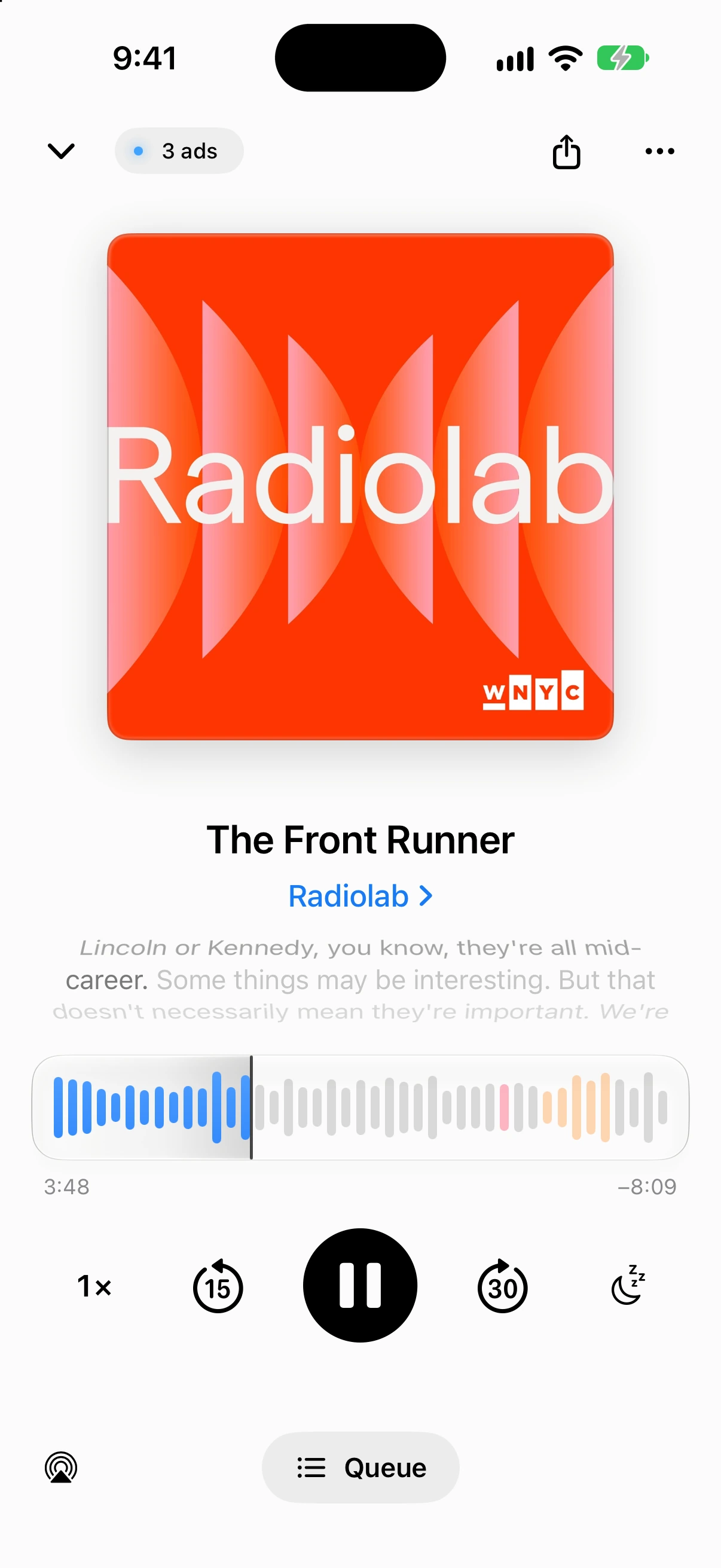 Marble player for Radiolab’s The Front Runner, with transcript and an ad map on the time bar