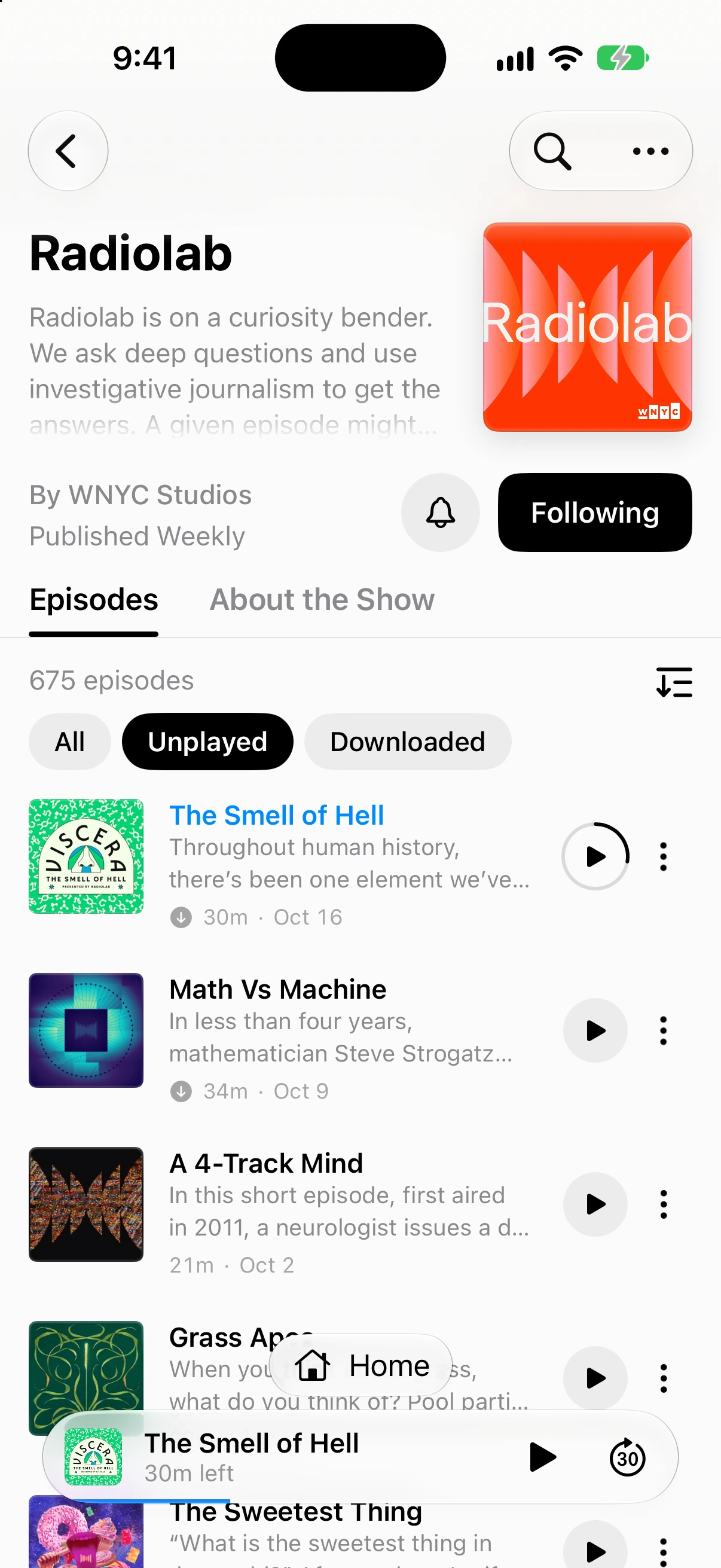 Radiolab show page with its description, following controls and episode list