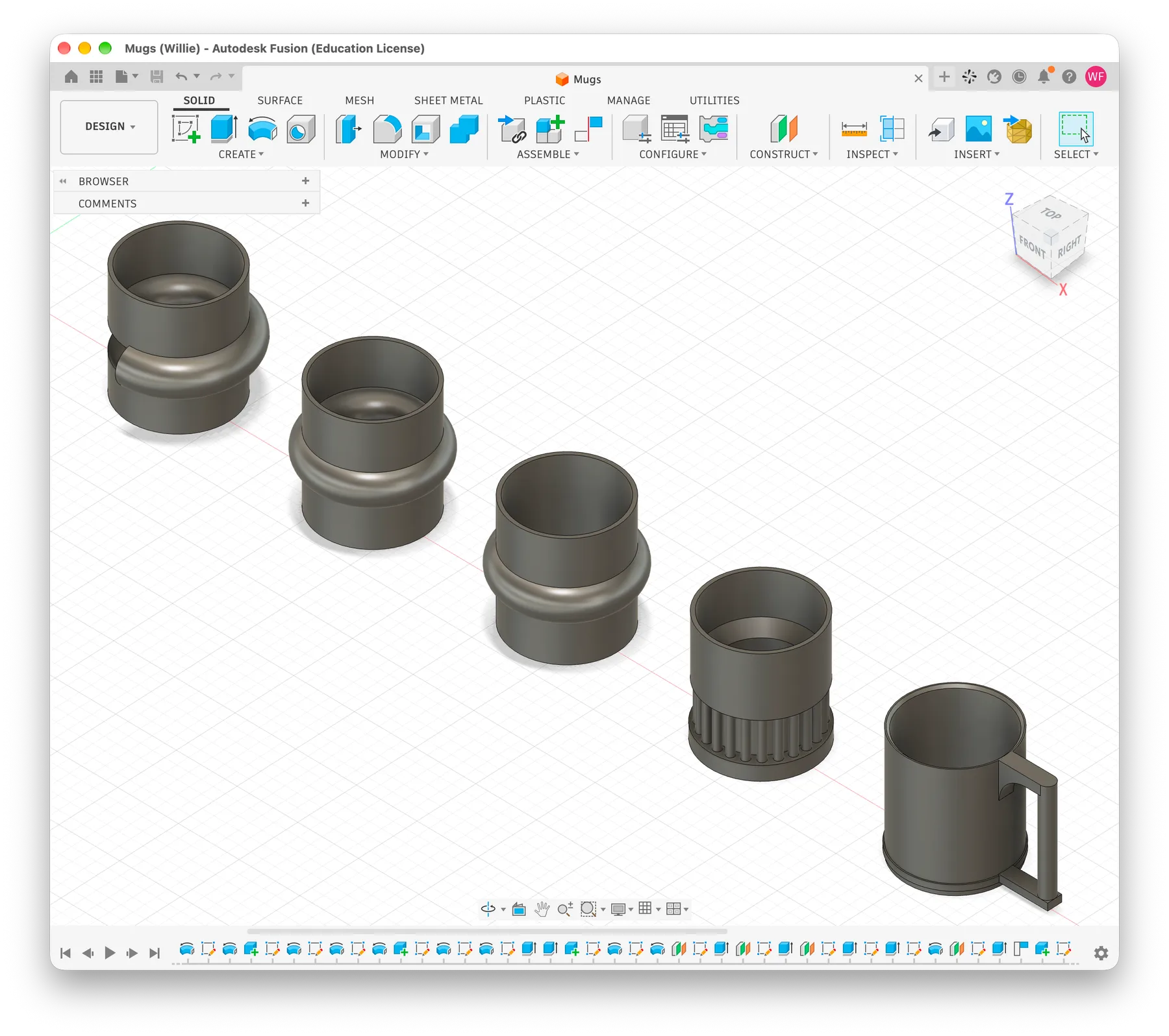 Five mug concepts side by side in Fusion 360
