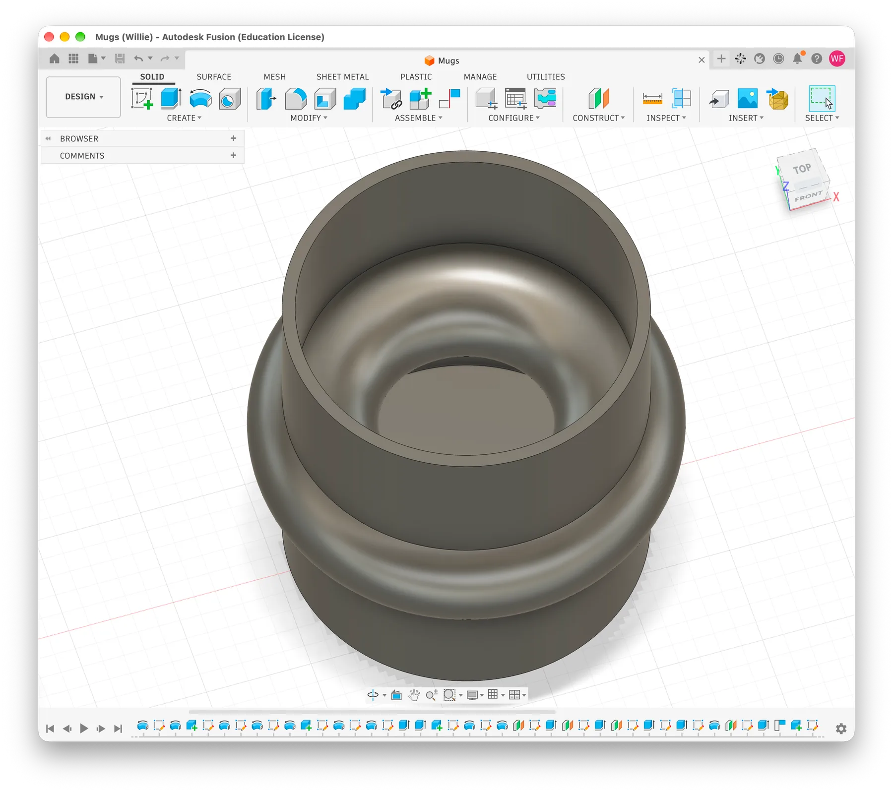 CAD render of a mug with a rounded ring around its middle, seen from above