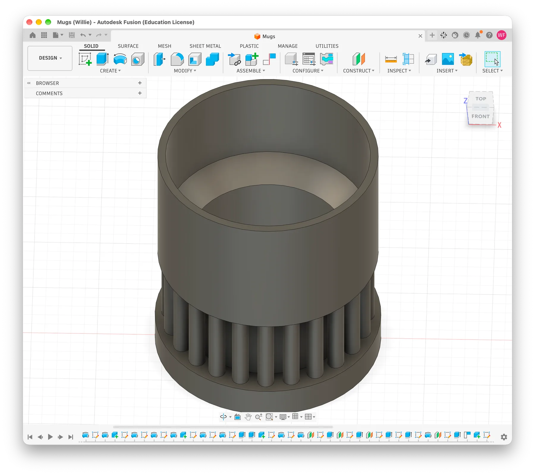 CAD render of the mug with wooden dowels around its base