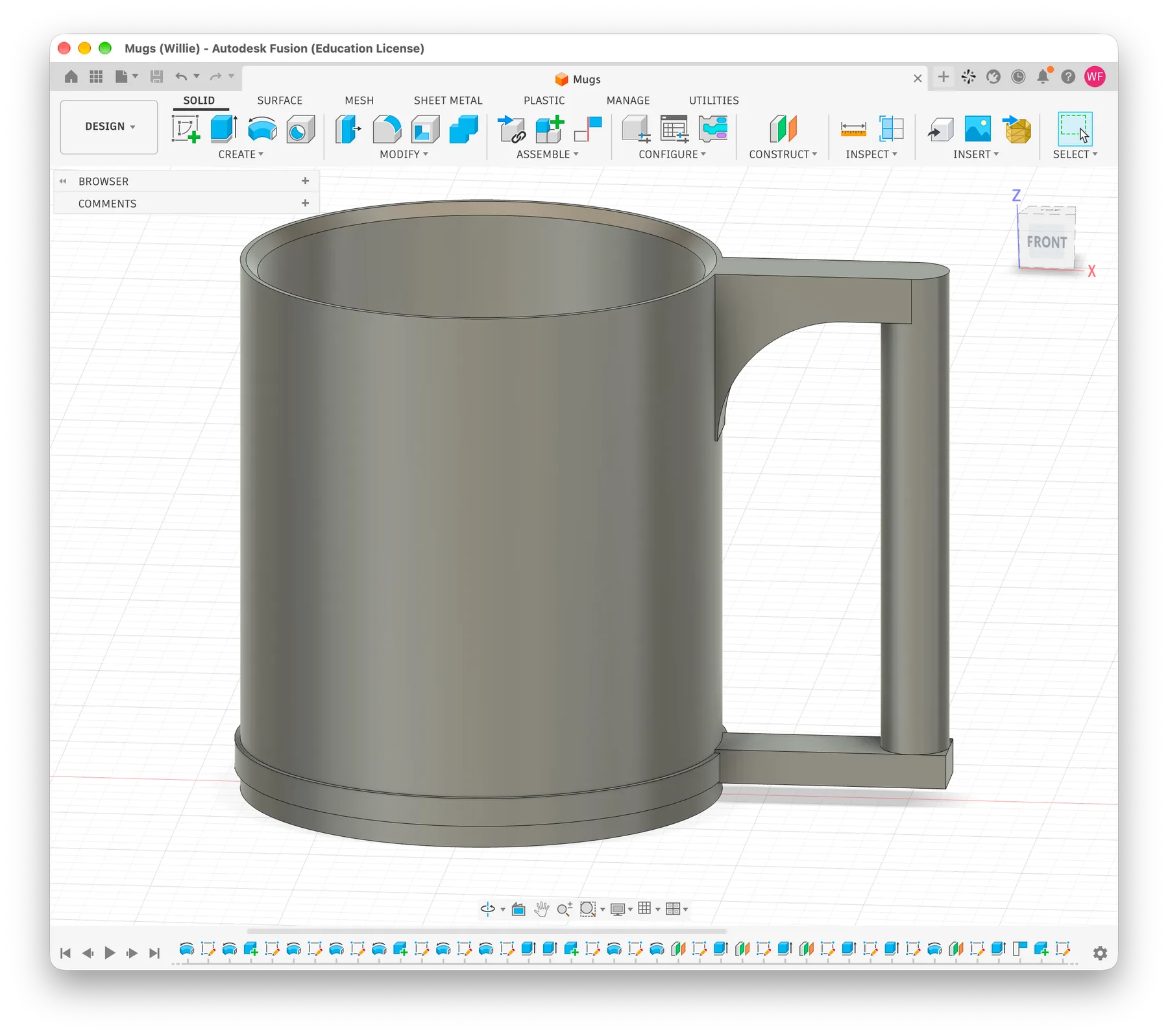 CAD render of the mug with a tall handle and a coaster insert in its base