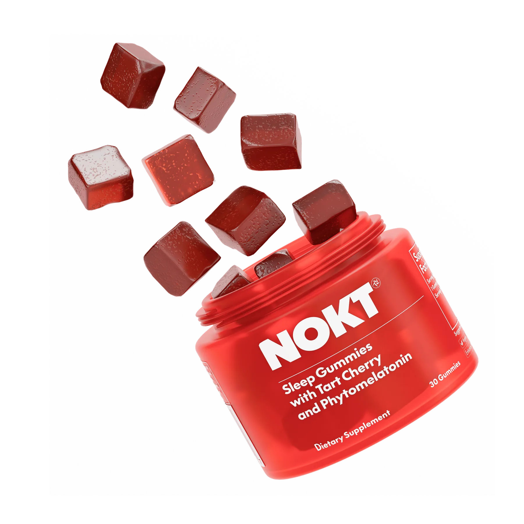 A red NOKT jar of sleep gummies tumbling through the air with dark red gummies spilling out