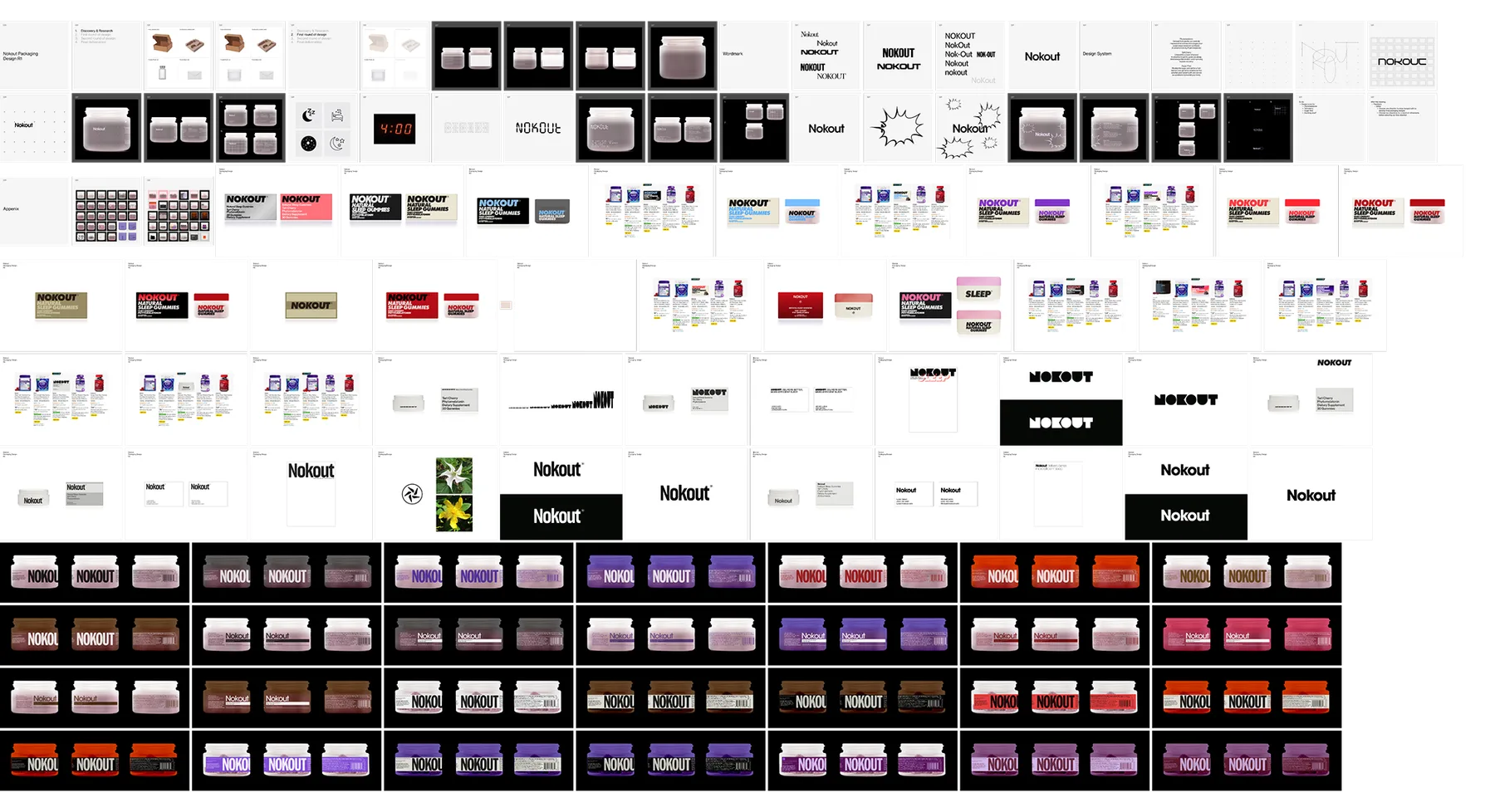 A wall of initial NOKT and Nokout brand explorations: wordmarks, symbols, colour studies and packaging mockups