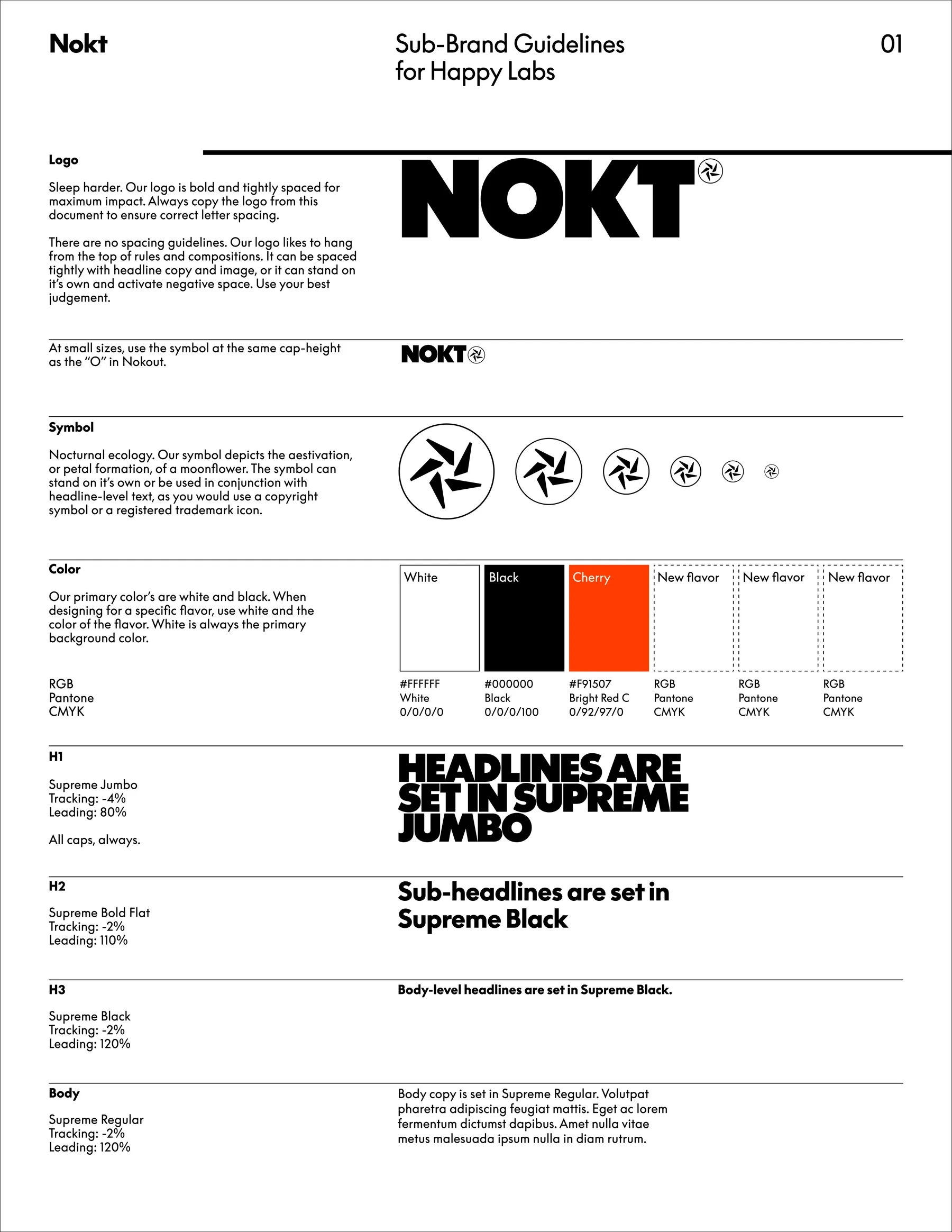 Page one of the NOKT sub-brand guidelines for Happy Labs: logo, moonflower symbol, colour palette and the Supreme type hierarchy