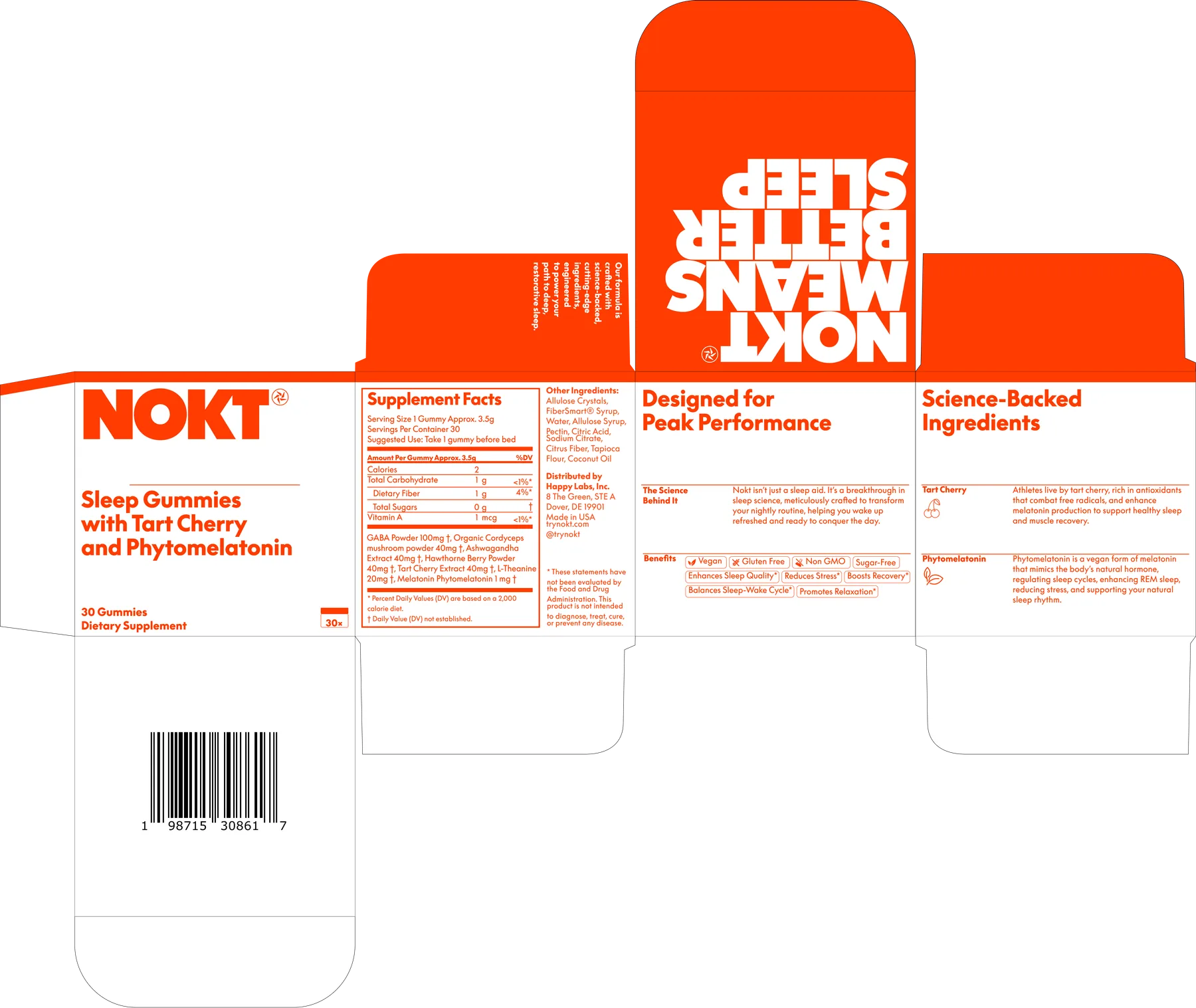 The flat dieline for the NOKT box, with supplement facts, ingredients and the “NOKT means better sleep” flap