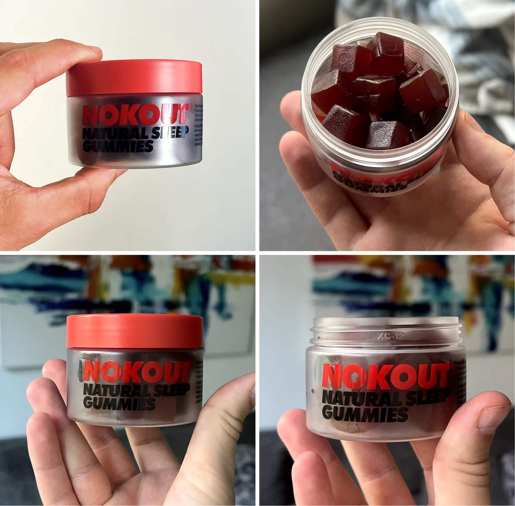 Four photos of the first clear jar samples, labelled NOKOUT Natural Sleep Gummies, where the dark text disappears against the dark gummies