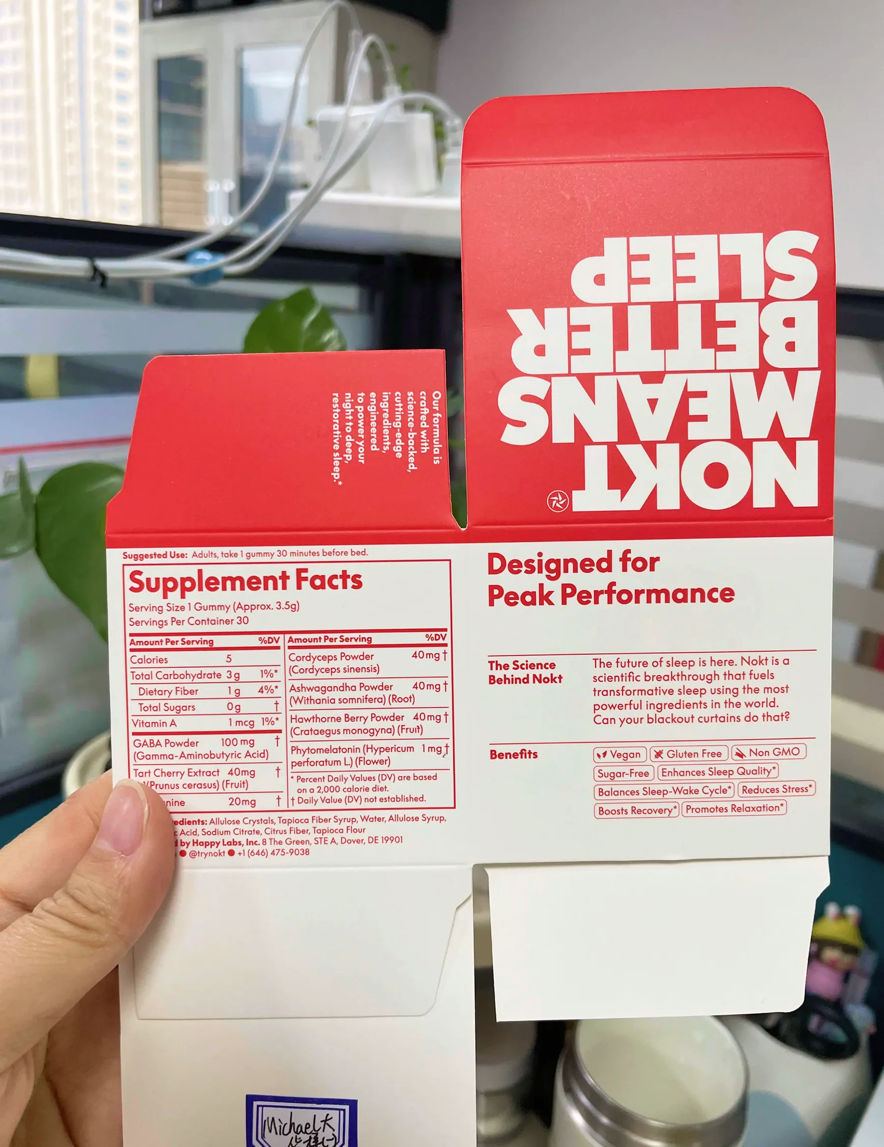 The printed NOKT box opened to the supplement facts and the “NOKT means better sleep” flap