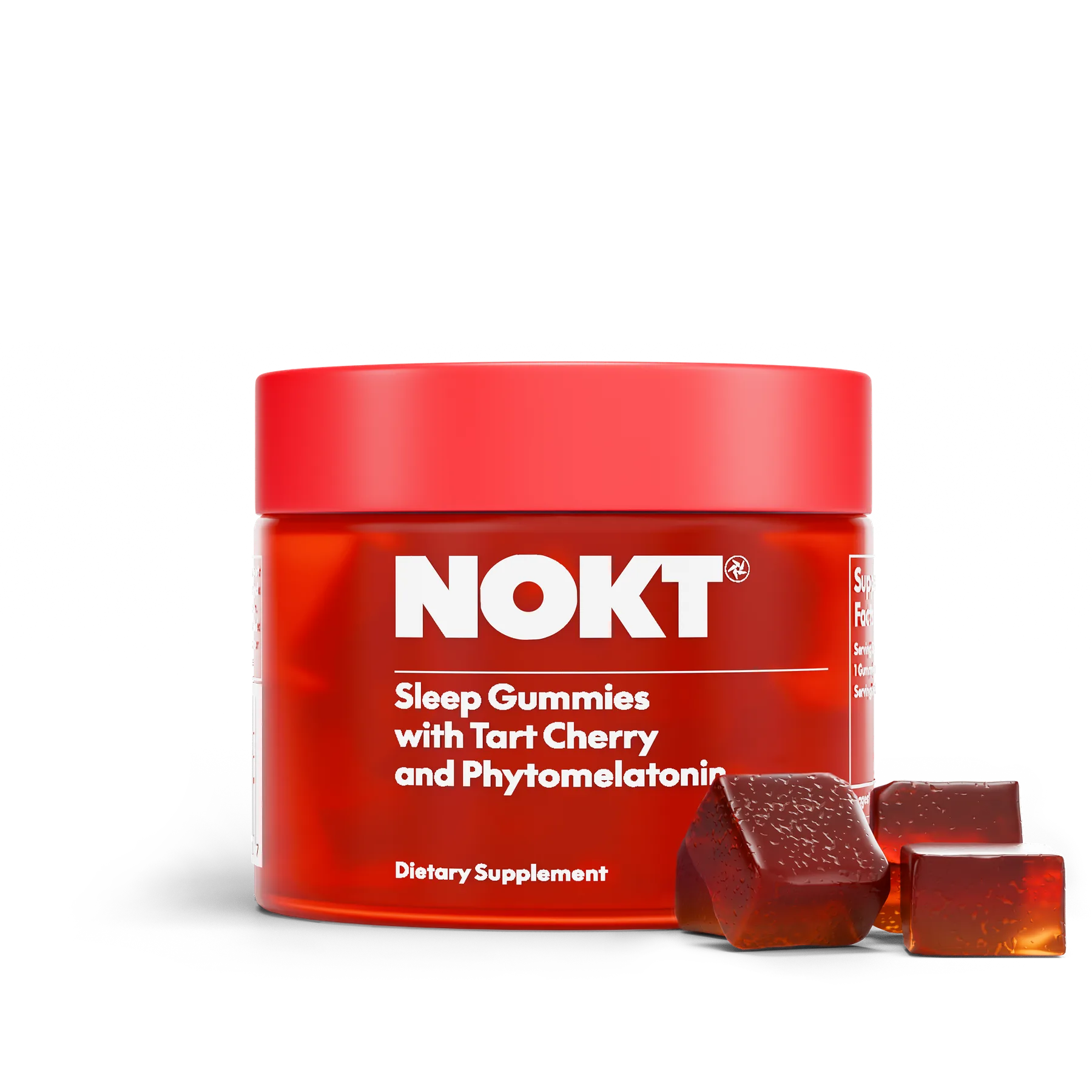Render of the red NOKT jar of Sleep Gummies with Tart Cherry and Phytomelatonin, with gummies beside it