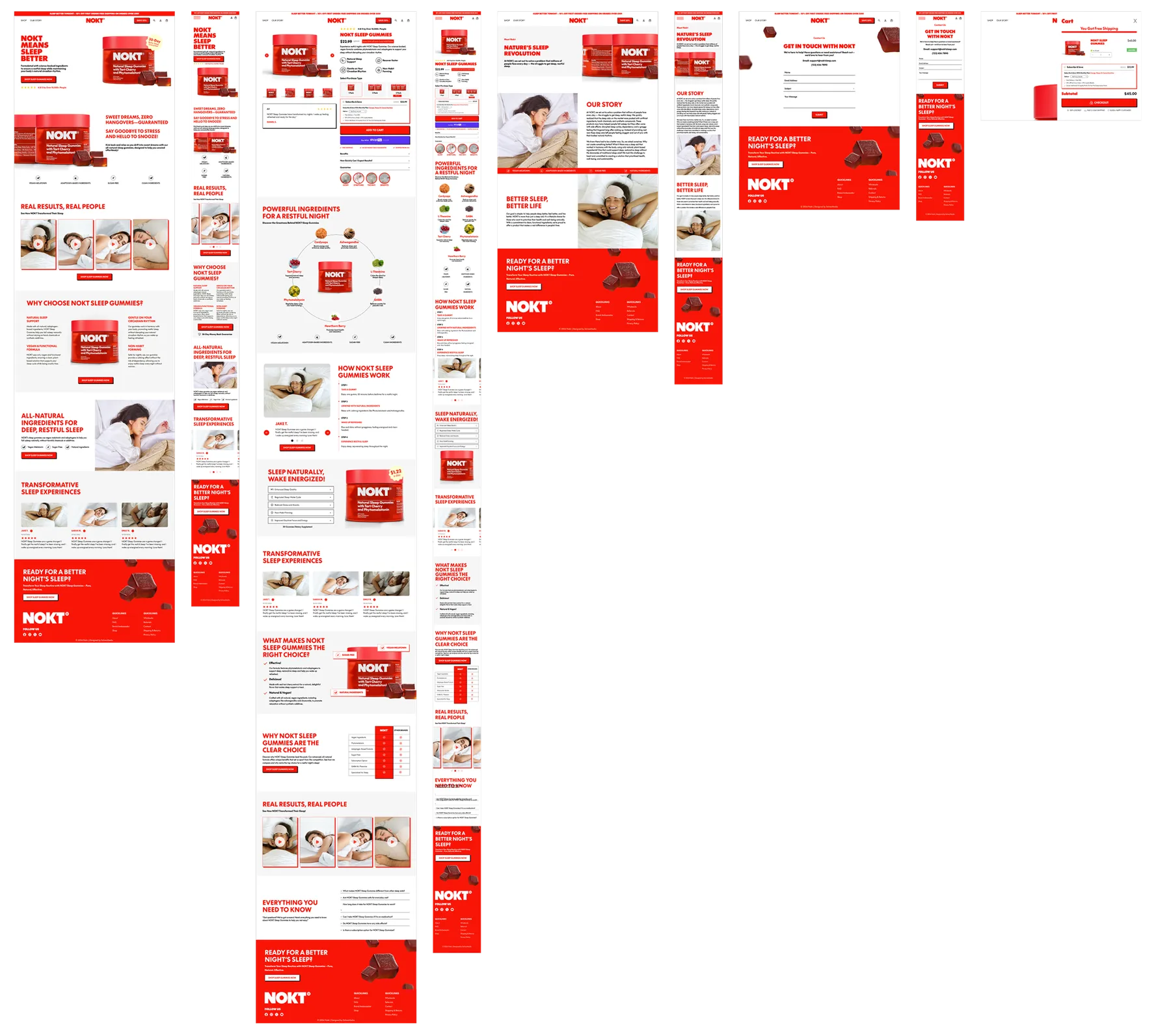 The final NOKT website: the landing page, product page and supporting pages at desktop and mobile widths