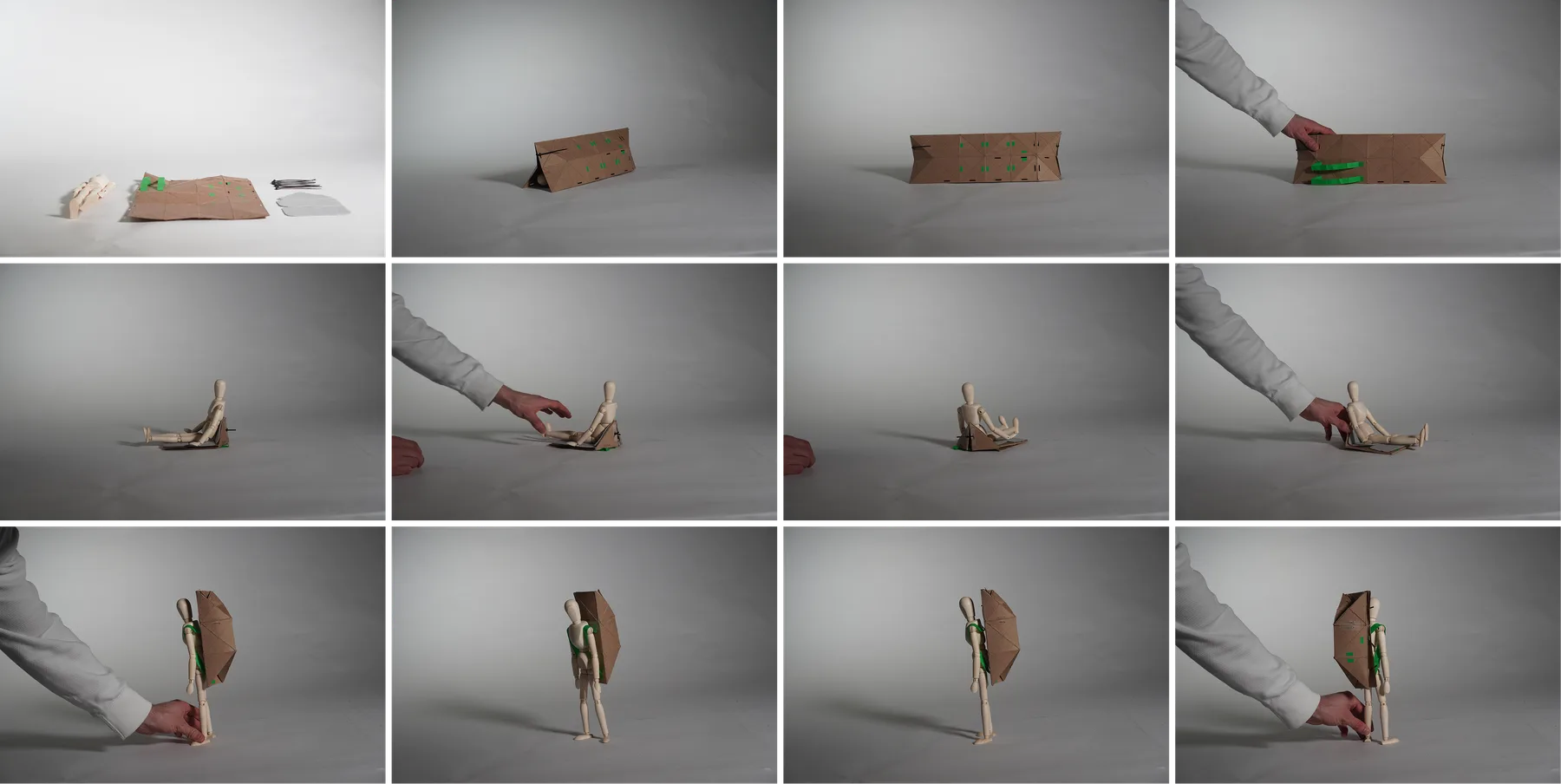 Sequence of photos showing the model folding between shelter, seat and backpack