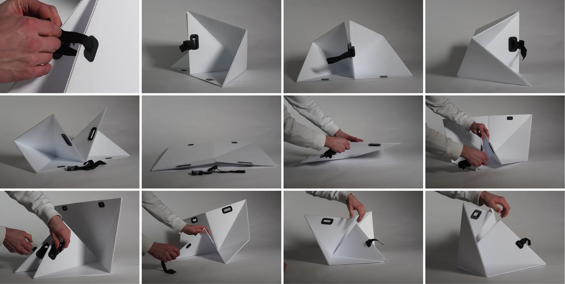 Sequence of photos of hands folding a white material study