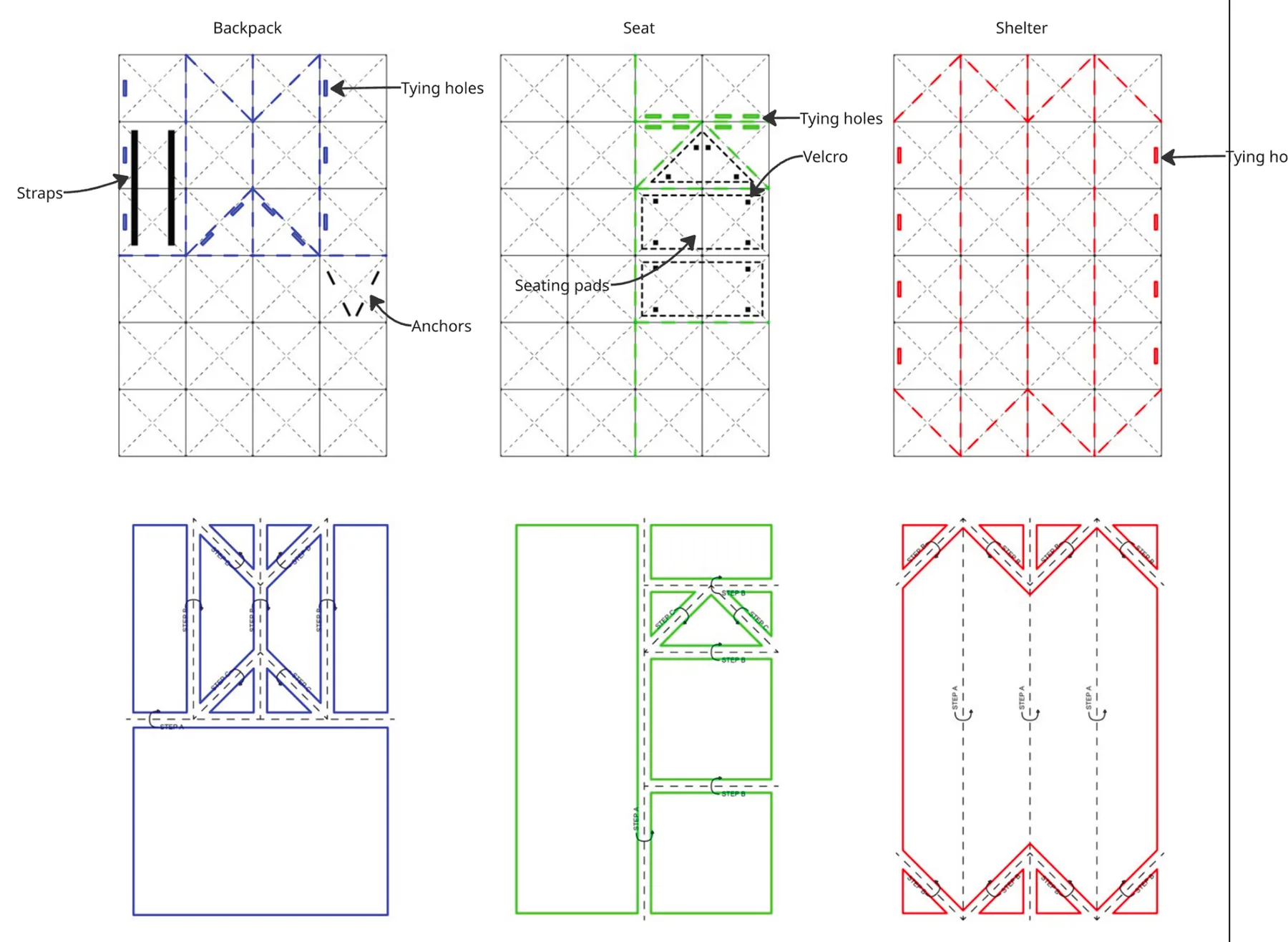 Fold diagrams for the backpack, seat and shelter configurations