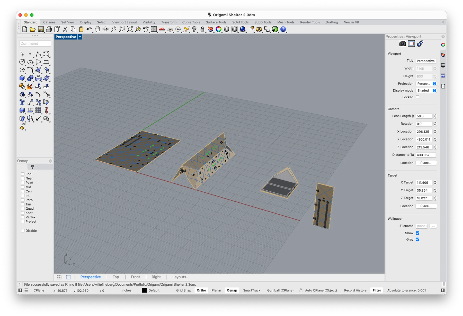 3D model of the shelter's configurations in Rhino