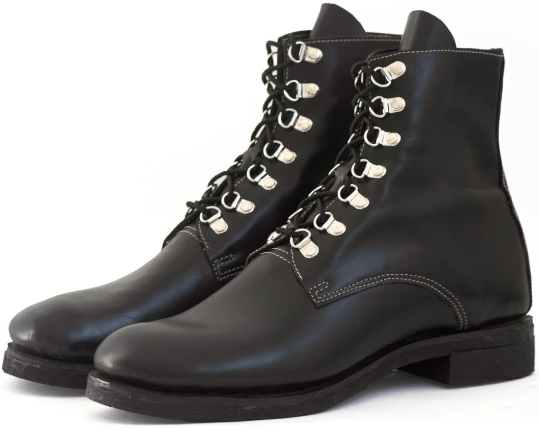 Pair of black leather lace-up boots with silver hooks