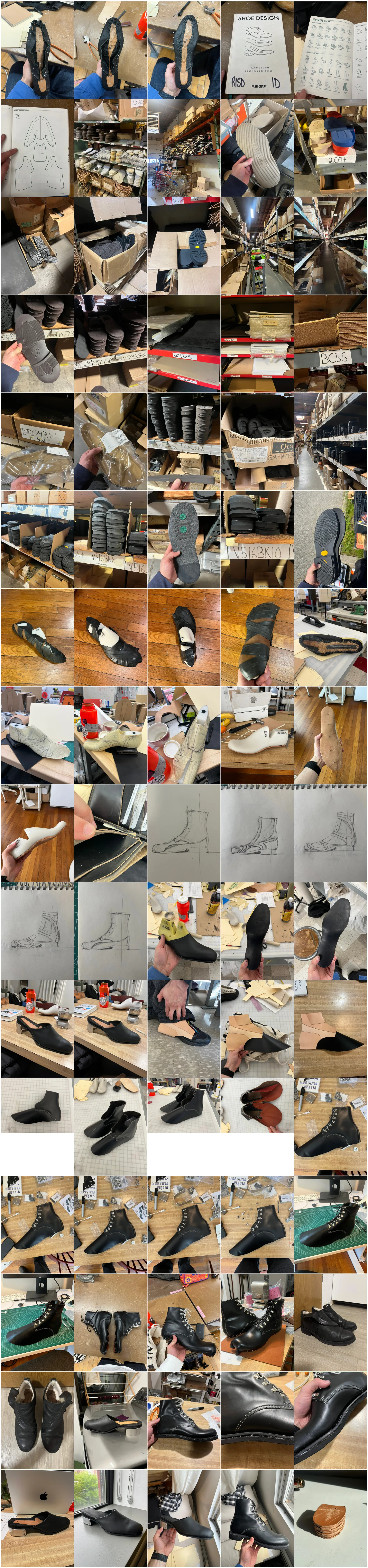 Grid of process photos: patterns, materials, lasting and assembly of both pairs