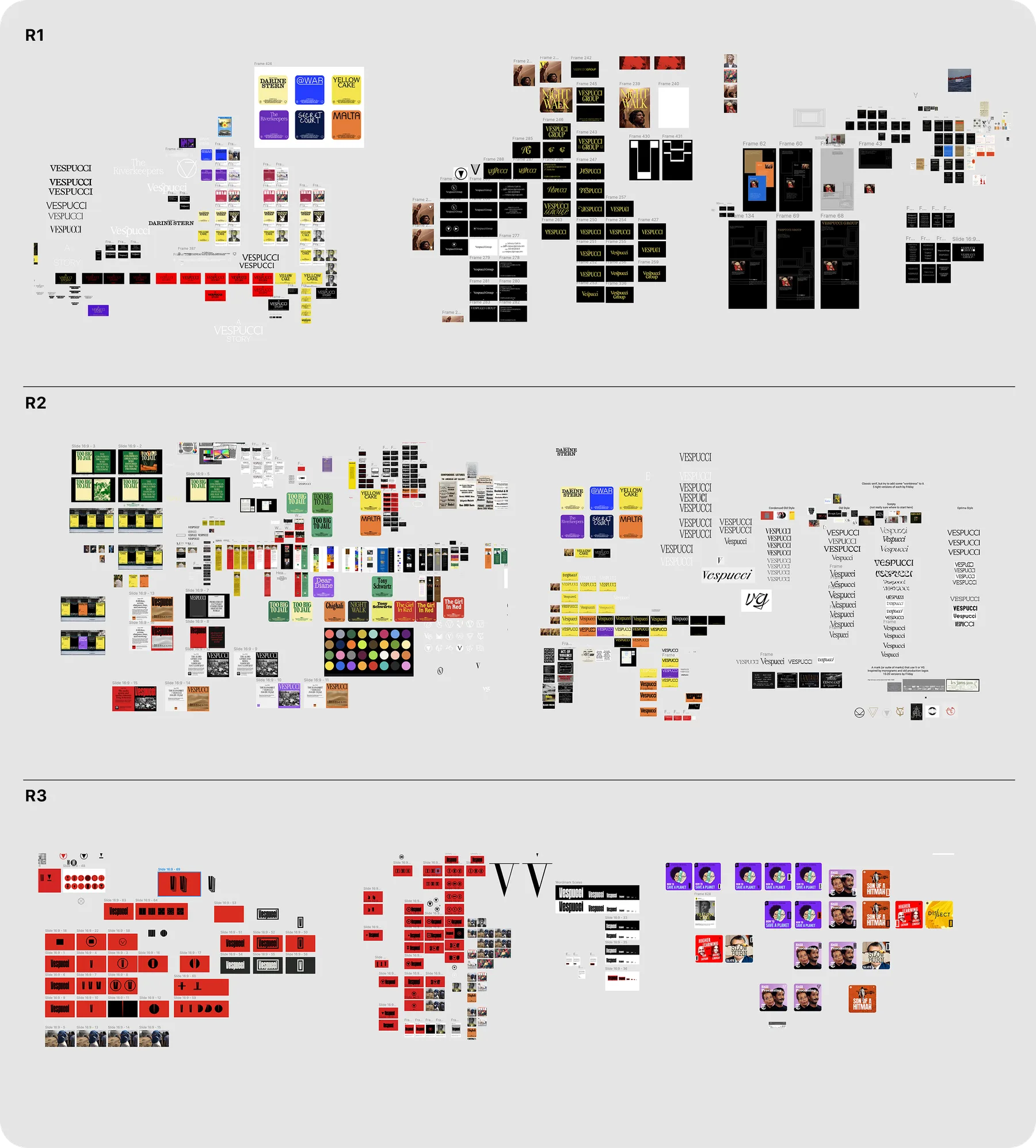 Three rounds of Vespucci brand exploration, R1 to R3: wordmarks, podcast artwork, colour studies and layouts