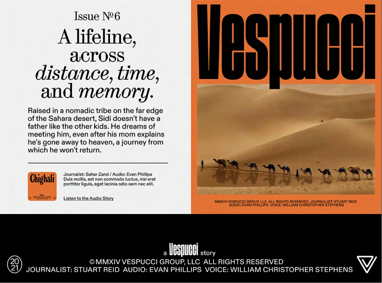 A Vespucci poster for the podcast Chighali: “Issue Nº6. A lifeline, across distance, time, and memory,” beside a photo of camels crossing the Sahara under the Vespucci wordmark
